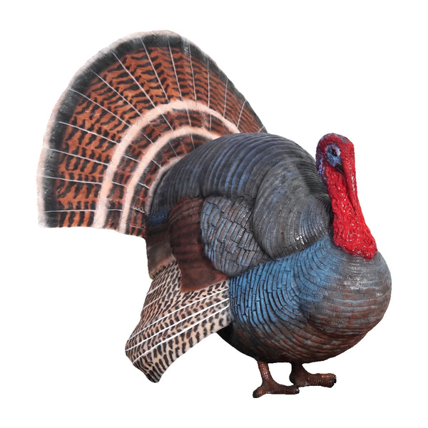 Decorative statue of a wild turkey featuring a brightly colored red head, detailed blue-grey body feathers, and a large fanned tail.