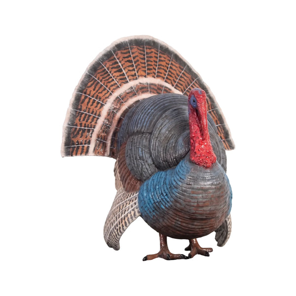 Decorative statue of a wild turkey featuring a brightly colored red head, detailed blue-grey body feathers, and a large fanned tail.