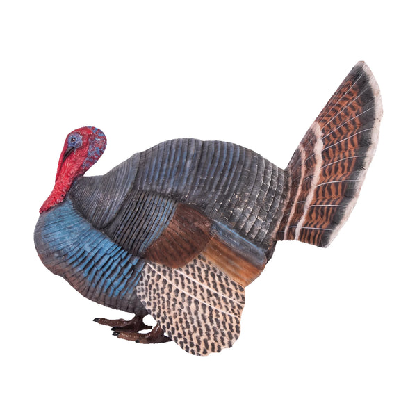 Decorative statue of a wild turkey featuring a brightly colored red head, detailed blue-grey body feathers, and a large fanned tail.