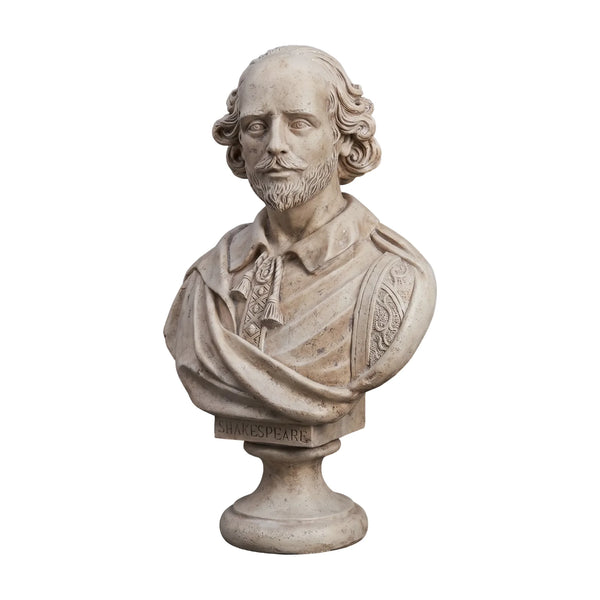 Decorative light grey stone-like bust of William Shakespeare featuring detailed facial features, draped clothing, and a pedestal base.