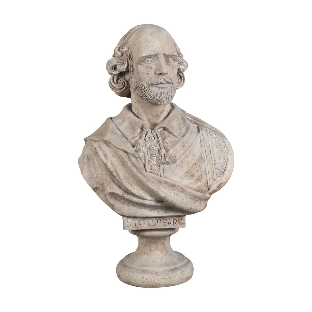 Decorative light grey stone-like bust of William Shakespeare featuring detailed facial features, draped clothing, and a pedestal base.