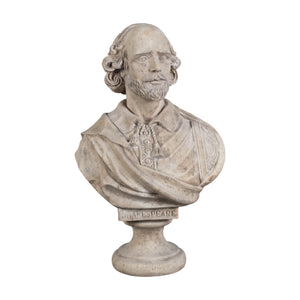 Decorative light grey stone-like bust of William Shakespeare featuring detailed facial features, draped clothing, and a pedestal base.