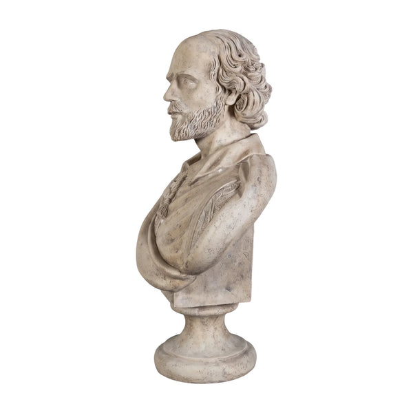 Decorative light grey stone-like bust of William Shakespeare featuring detailed facial features, draped clothing, and a pedestal base.