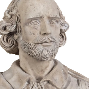 Decorative light grey stone-like bust of William Shakespeare featuring detailed facial features, draped clothing, and a pedestal base.
