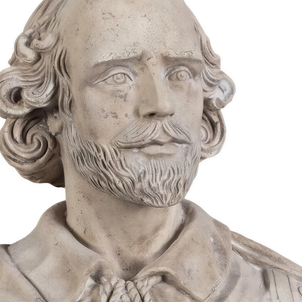 Decorative light grey stone-like bust of William Shakespeare featuring detailed facial features, draped clothing, and a pedestal base.