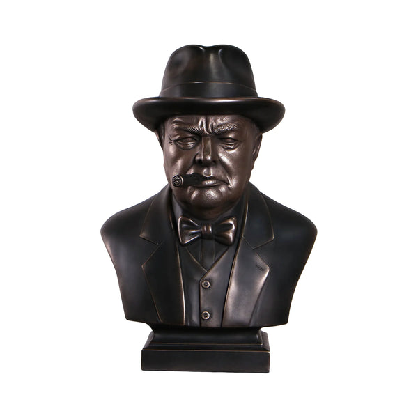 Decorative dark bronze-finished bust of Winston Churchill wearing a hat and bow tie, with a sculpted cigar in his mouth.