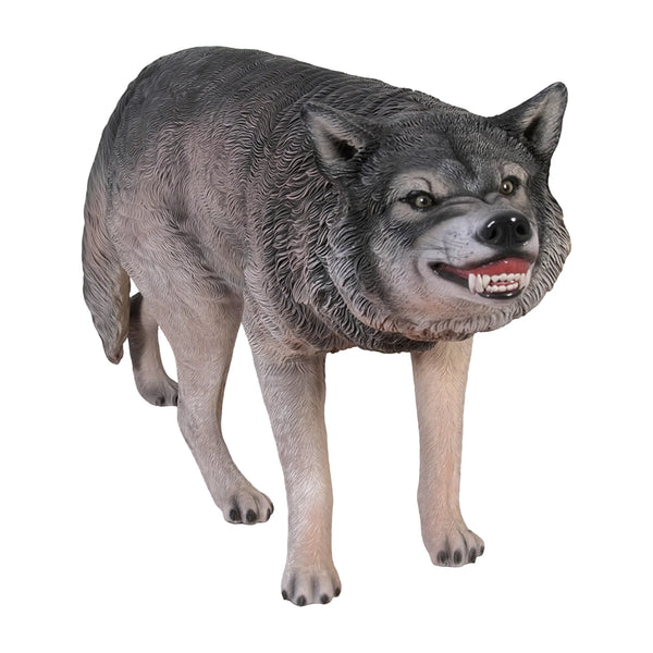 Decorative standing wolf statue featuring textured grey fur and a snarling expression with visible teeth.