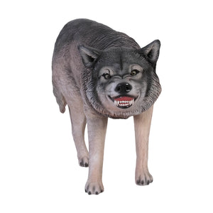 Decorative standing wolf statue featuring textured grey fur and a snarling expression with visible teeth.