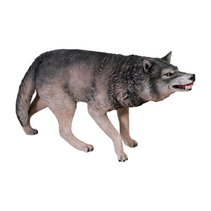 Decorative standing wolf statue featuring textured grey fur and a snarling expression with visible teeth.