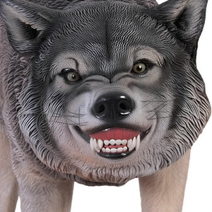 Decorative standing wolf statue featuring textured grey fur and a snarling expression with visible teeth.