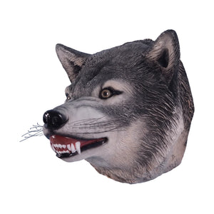 Decorative wall-mounted wolf head sculpture featuring realistic painted fur, an open mouth with teeth, and wire whiskers.