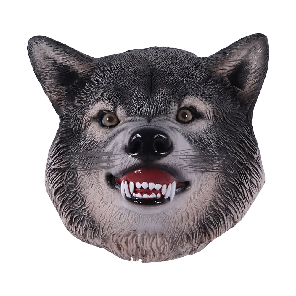 Decorative wall-mounted wolf head sculpture featuring realistic painted fur, an open mouth with teeth, and wire whiskers.