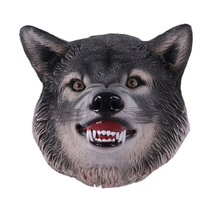 Decorative wall-mounted wolf head sculpture featuring realistic painted fur, an open mouth with teeth, and wire whiskers.