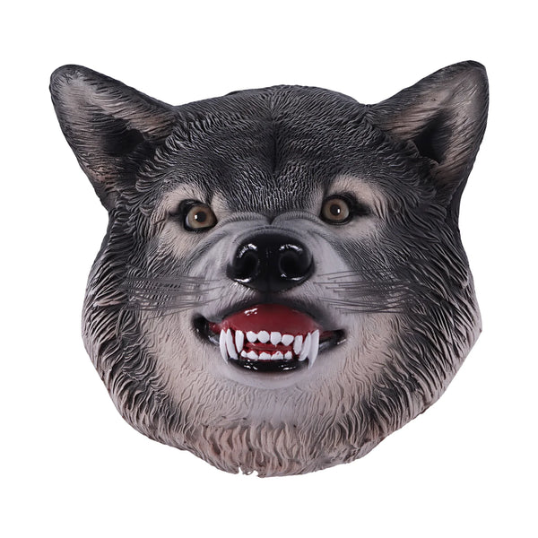 Decorative wall-mounted wolf head sculpture featuring realistic painted fur, an open mouth with teeth, and wire whiskers.