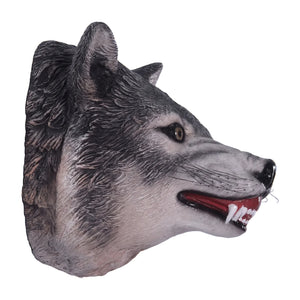 Decorative wall-mounted wolf head sculpture featuring realistic painted fur, an open mouth with teeth, and wire whiskers.