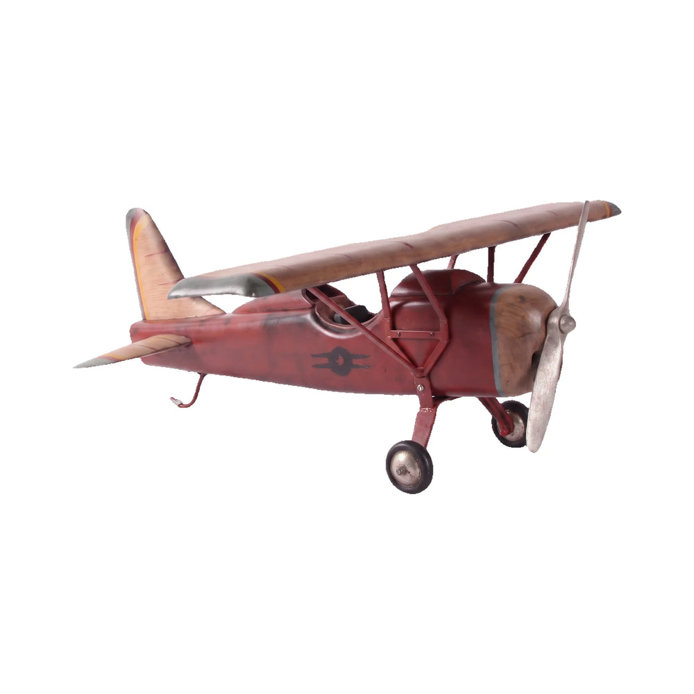 Decorative vintage airplane model featuring a red fuselage, wood-toned wings, and a silver propeller.