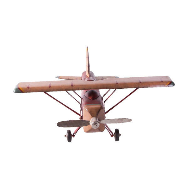 Decorative vintage airplane model featuring a red fuselage, wood-toned wings, and a silver propeller.