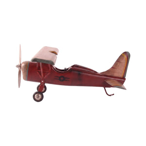 Decorative vintage airplane model featuring a red fuselage, wood-toned wings, and a silver propeller.