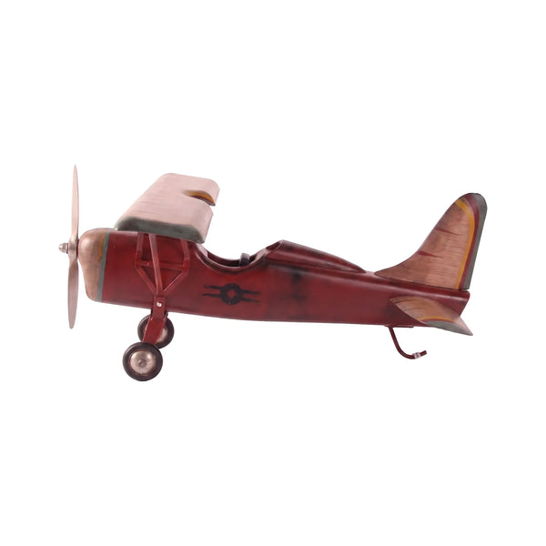 Decorative vintage airplane model featuring a red fuselage, wood-toned wings, and a silver propeller.
