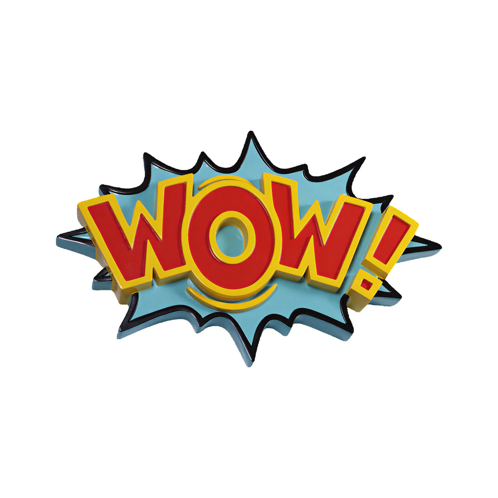 Decorative pop art wall sign featuring the word WOW in bold red and yellow letters on a blue starburst background.