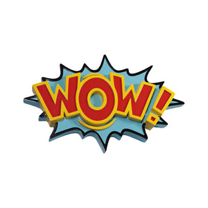 Decorative pop art wall sign featuring the word WOW in bold red and yellow letters on a blue starburst background.