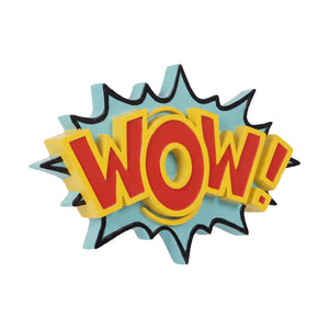 Decorative pop art wall sign featuring the word WOW in bold red and yellow letters on a blue starburst background.