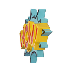 Decorative pop art wall sign featuring the word WOW in bold red and yellow letters on a blue starburst background.