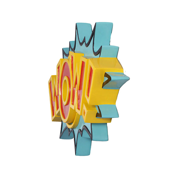 Decorative pop art wall sign featuring the word WOW in bold red and yellow letters on a blue starburst background.