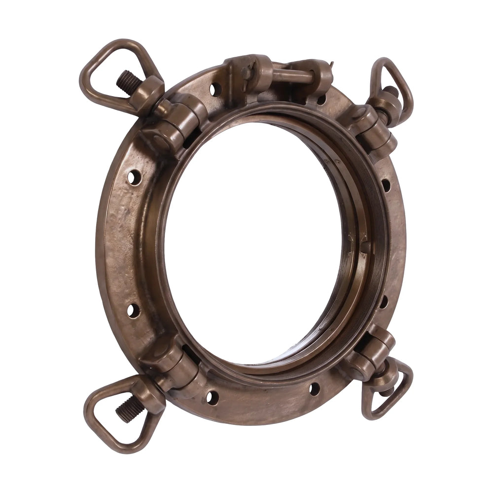 Decorative nautical porthole mirror featuring a bronze-colored frame and four hinged locking bolts.