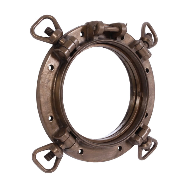 Decorative nautical porthole mirror featuring a bronze-colored frame and four hinged locking bolts.