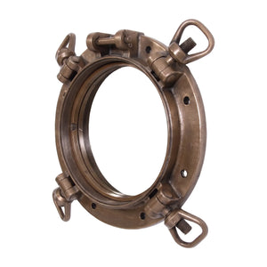 Decorative nautical porthole mirror featuring a bronze-colored frame and four hinged locking bolts.