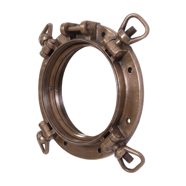 Decorative nautical porthole mirror featuring a bronze-colored frame and four hinged locking bolts.