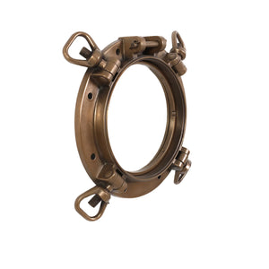 Decorative nautical porthole window featuring a bronze-colored frame and hinged locking bolts.