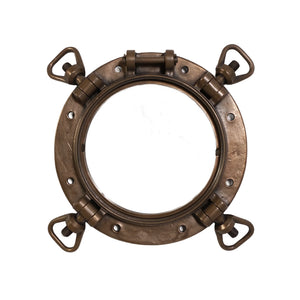 Decorative nautical porthole window featuring a bronze-colored frame and hinged locking bolts.