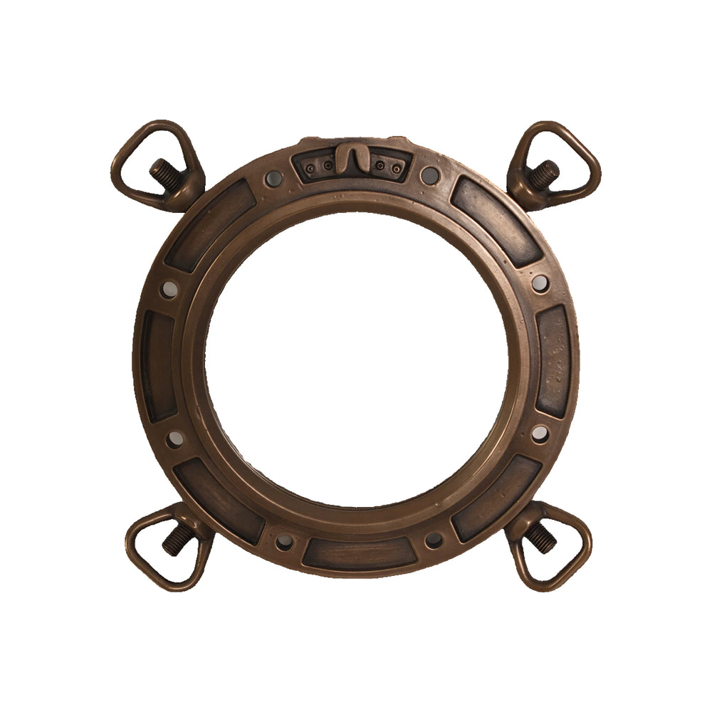 Decorative nautical porthole window featuring a bronze-colored frame and hinged locking bolts.