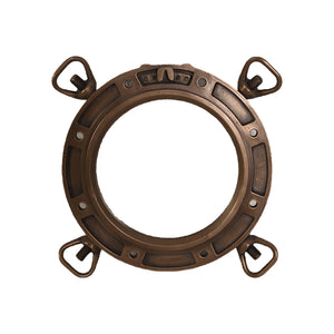 Decorative nautical porthole window featuring a bronze-colored frame and hinged locking bolts.