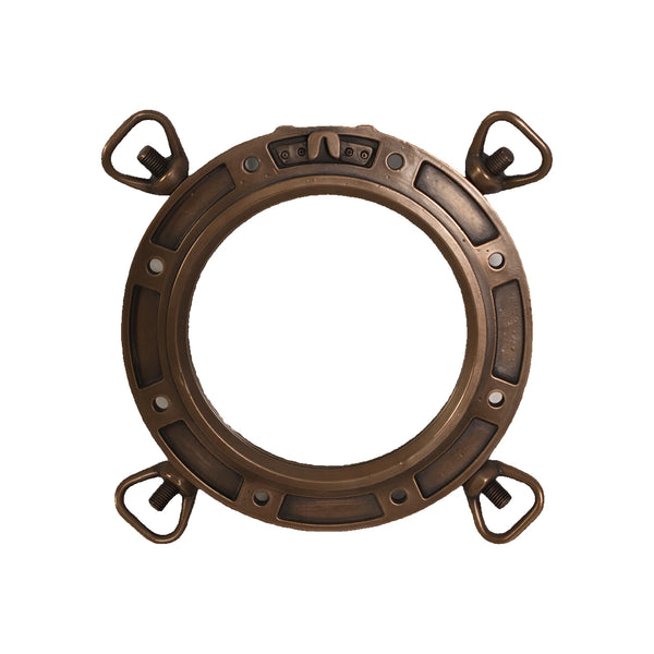 Decorative nautical porthole window featuring a bronze-colored frame and hinged locking bolts.