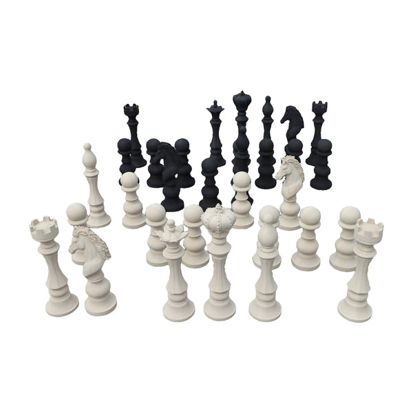 Decorative set of black and white chess pieces featuring traditional shapes like kings, queens, and knights.