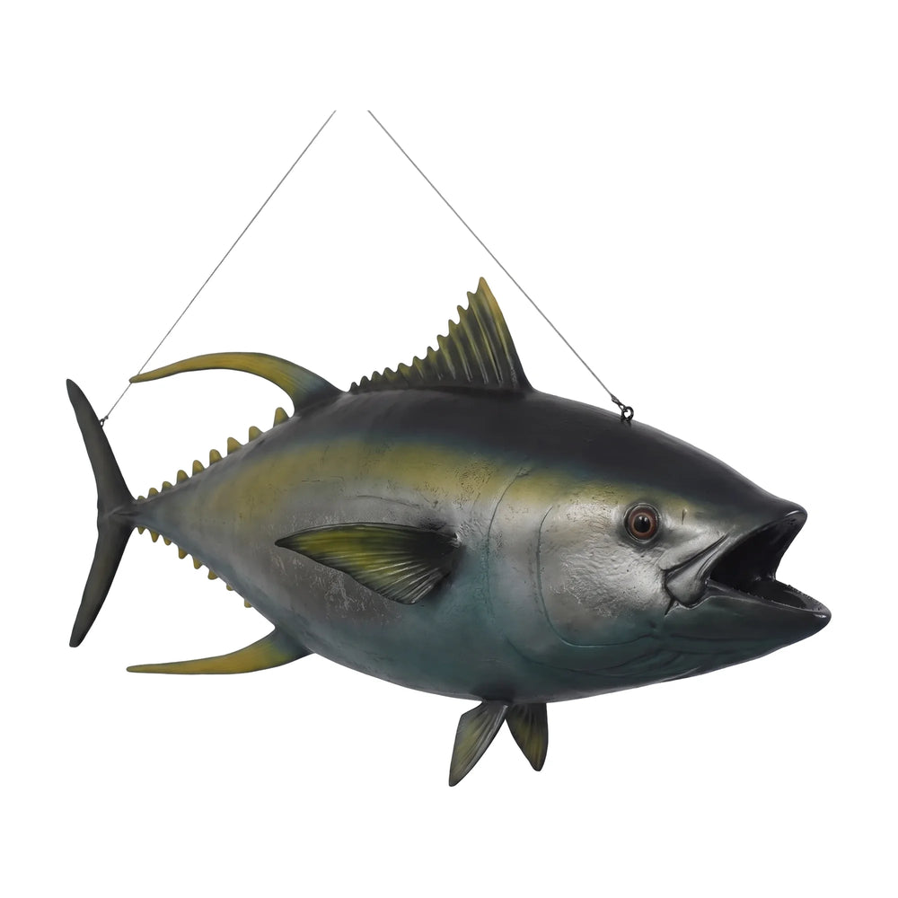 Decorative hanging tuna fish sculpture featuring realistic painted details, sculpted fins, and an open mouth.