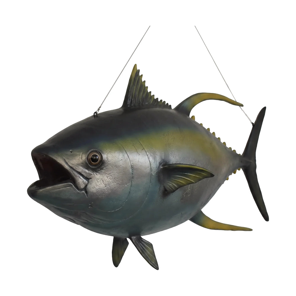 Decorative hanging tuna fish sculpture featuring realistic painted details, sculpted fins, and an open mouth.