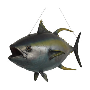 Decorative hanging tuna fish sculpture featuring realistic painted details, sculpted fins, and an open mouth.