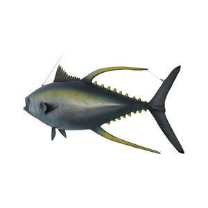 Decorative hanging tuna fish sculpture featuring realistic painted details, sculpted fins, and an open mouth.