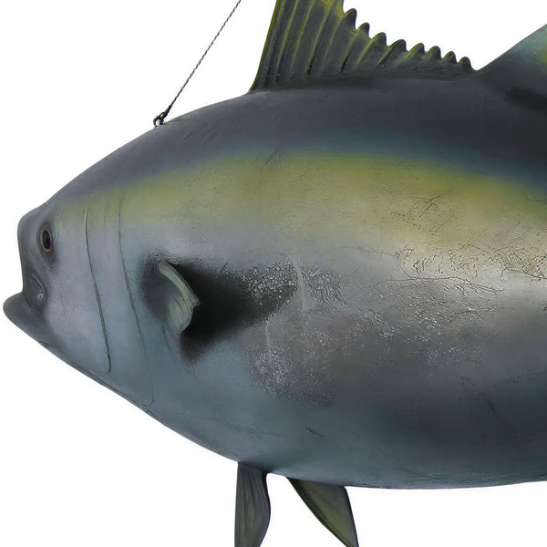 Decorative hanging tuna fish sculpture featuring realistic painted details, sculpted fins, and an open mouth.