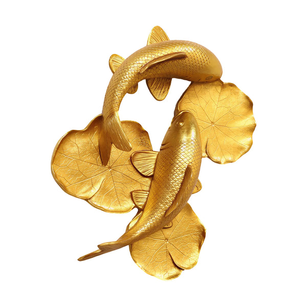Decorative gold sculpture featuring two koi fish swimming among textured lily pads.