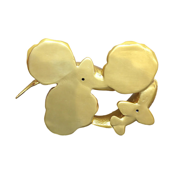 Decorative gold sculpture featuring two koi fish swimming among textured lily pads.