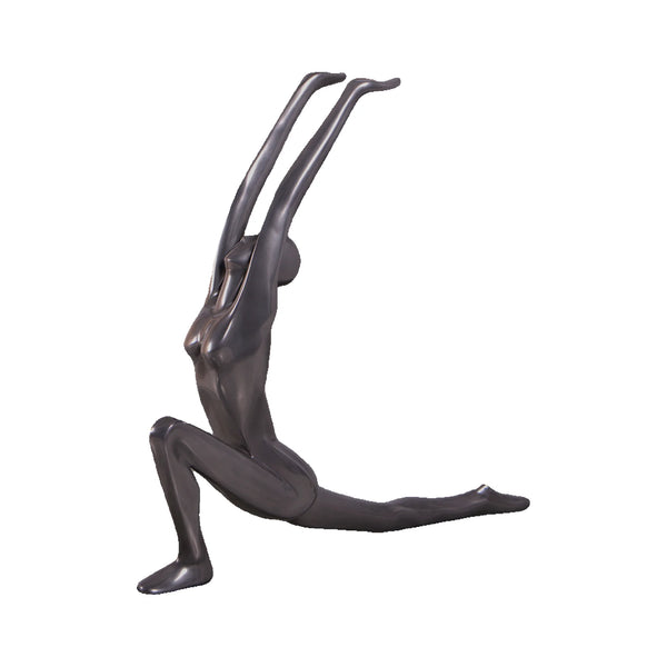 Decorative abstract sculpture of a figure in a yoga lunge pose with a smooth dark finish.