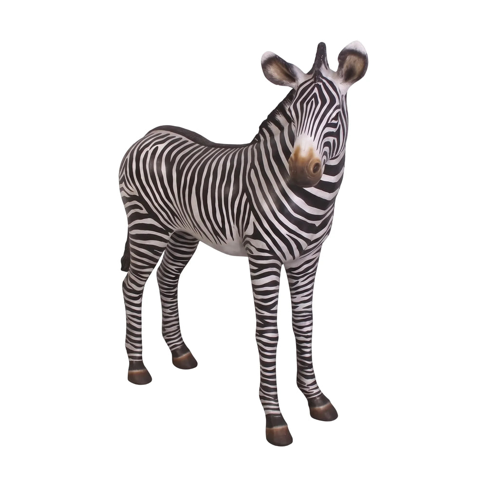 Decorative standing zebra statue featuring realistic black and white stripes and dark hooves.