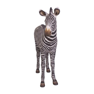 Decorative standing zebra statue featuring realistic black and white stripes and dark hooves.