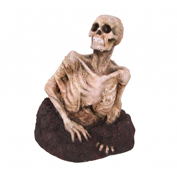 Decorative skeleton statue appearing to crawl out of a dirt base, featuring weathered bone textures and an open mouth.