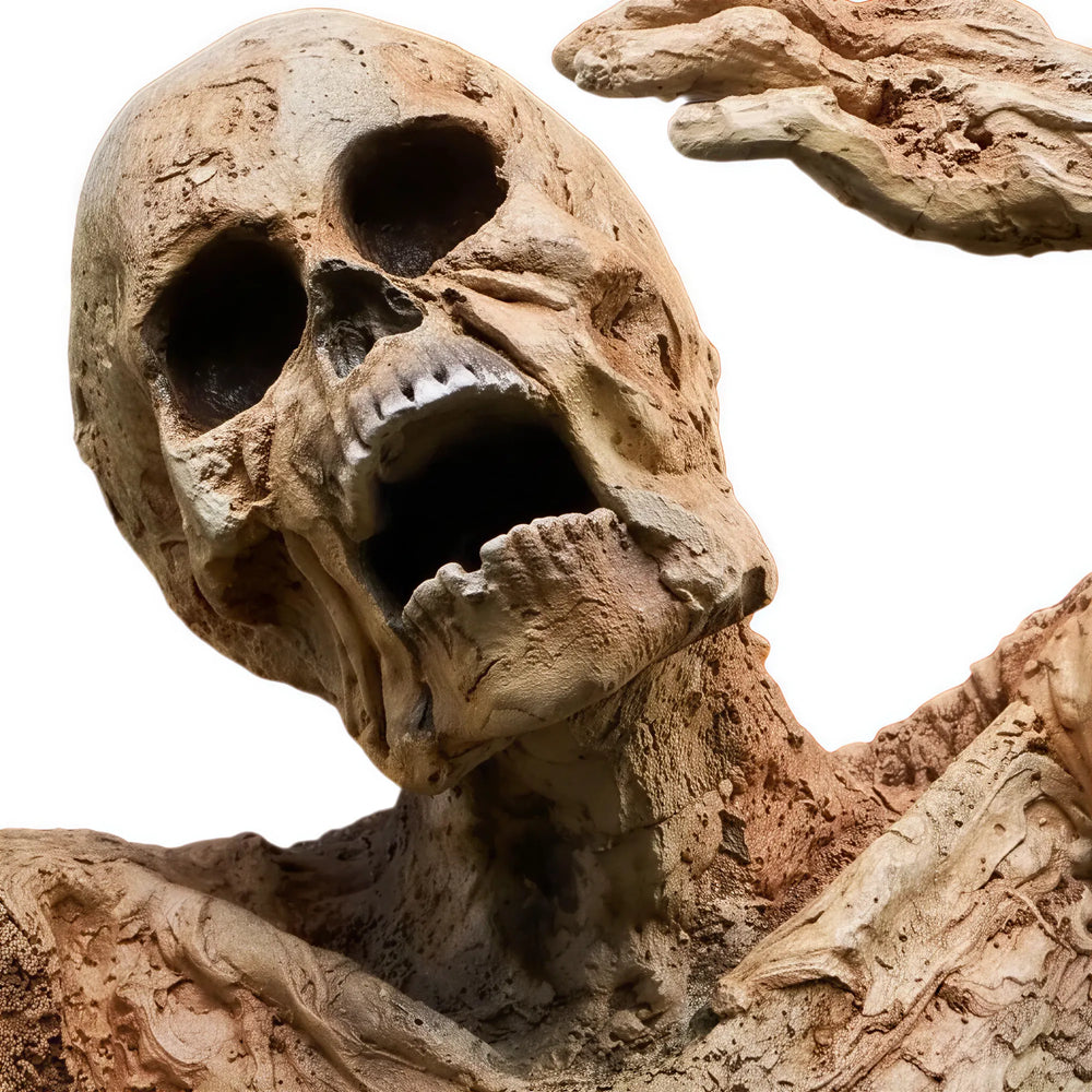 Decorative skeleton statue appearing to crawl out of a dirt base, featuring weathered bone textures and an open mouth.